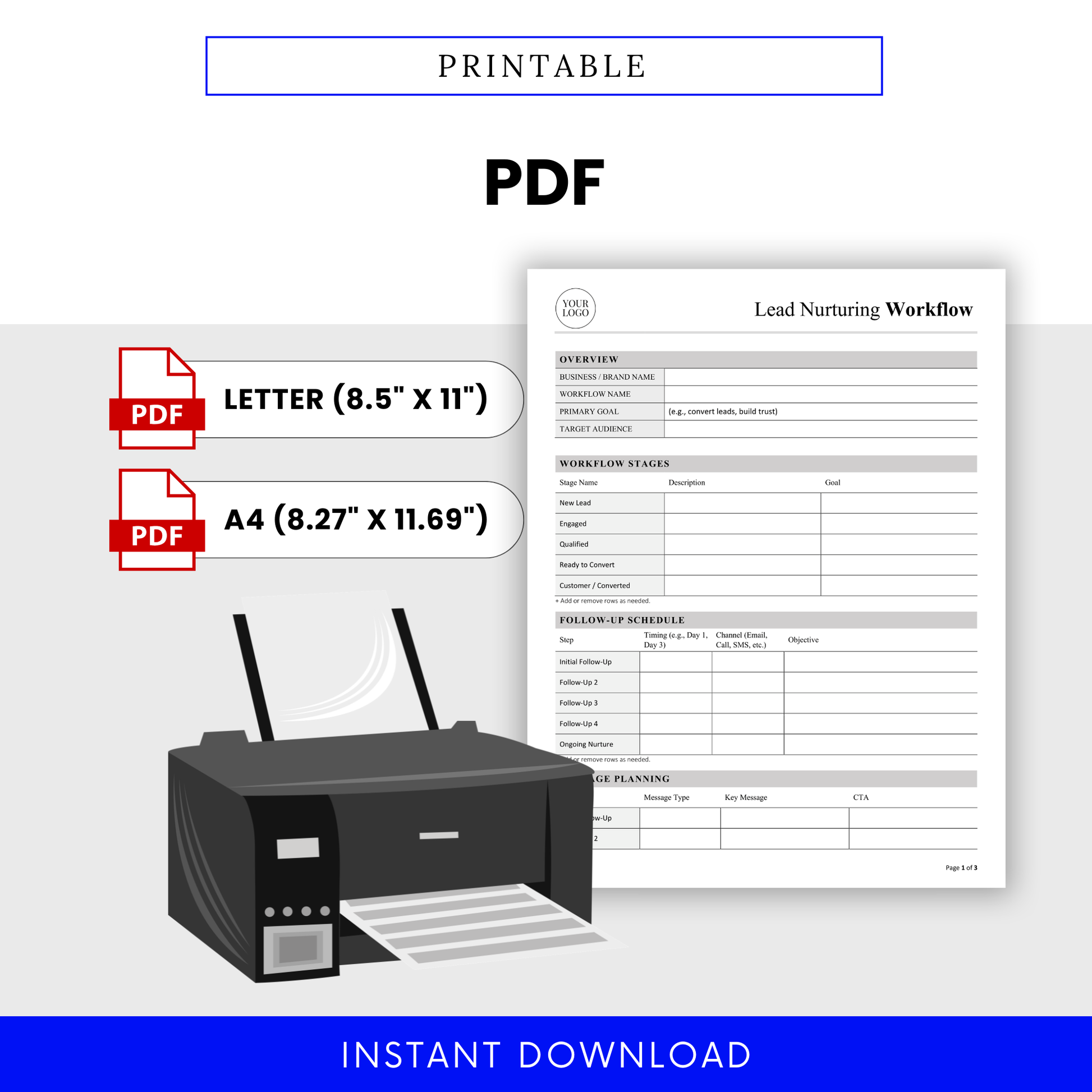 Lead Nurturing Workflow Template PDF shown in printable format with US Letter and A4 sizes for easy use. This simple and professional template is ideal for teams who prefer a printable workflow planner for managing lead pipelines.