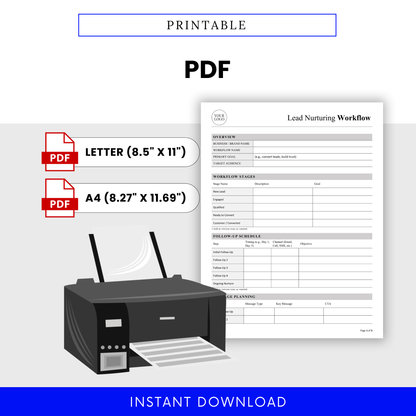 Lead Nurturing Workflow Template PDF shown in printable format with US Letter and A4 sizes for easy use. This simple and professional template is ideal for teams who prefer a printable workflow planner for managing lead pipelines.