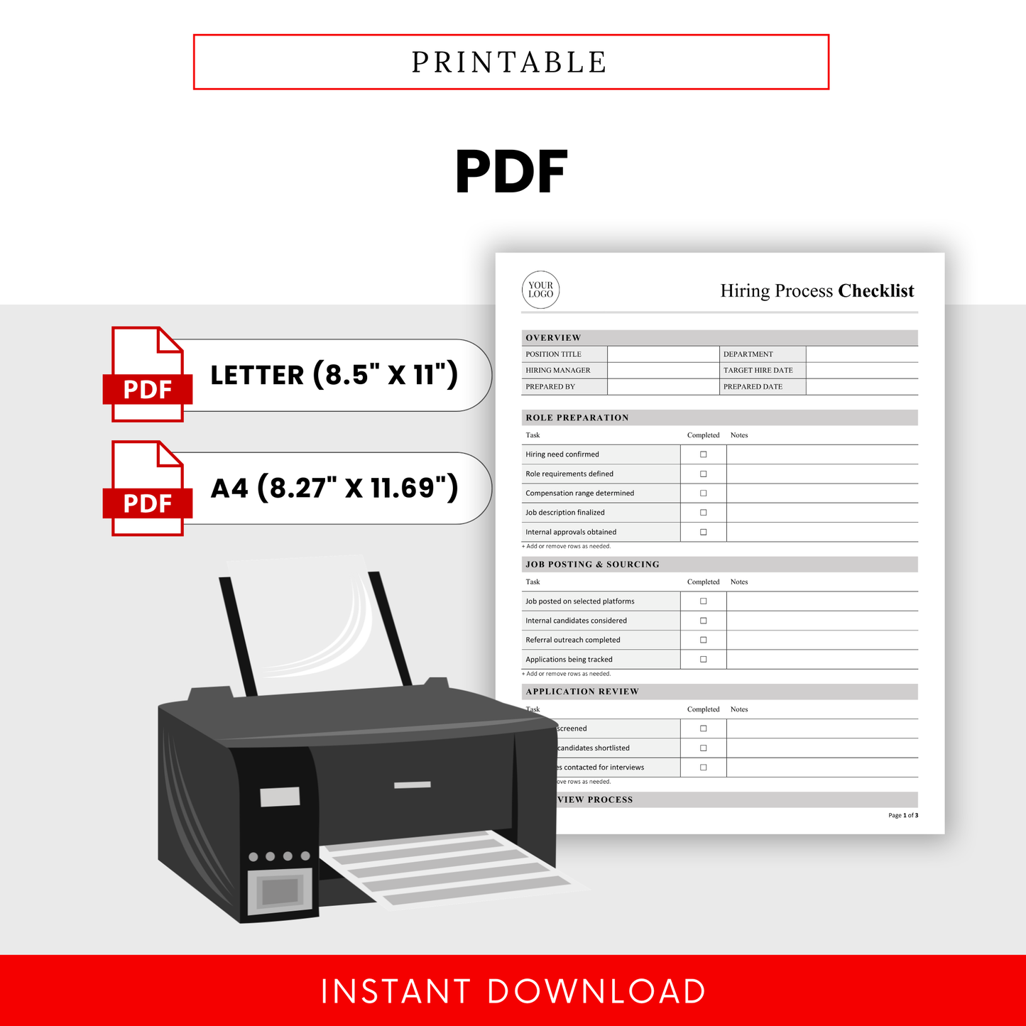 Printable hiring process checklist PDF template with letter and A4 sizes, professional HR workflow document for recruitment tracking, onboarding preparation, and hiring organization