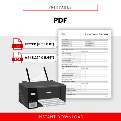 Printable hiring process checklist PDF template with letter and A4 sizes, professional HR workflow document for recruitment tracking, onboarding preparation, and hiring organization