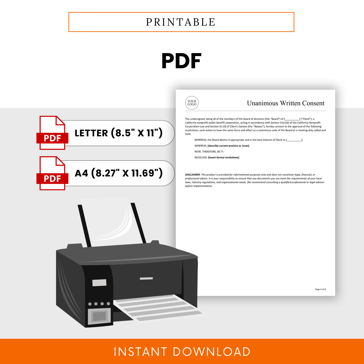 Printable nonprofit unanimous consent PDF template in letter and A4 sizes, ready-to-print document for board approvals and governance records