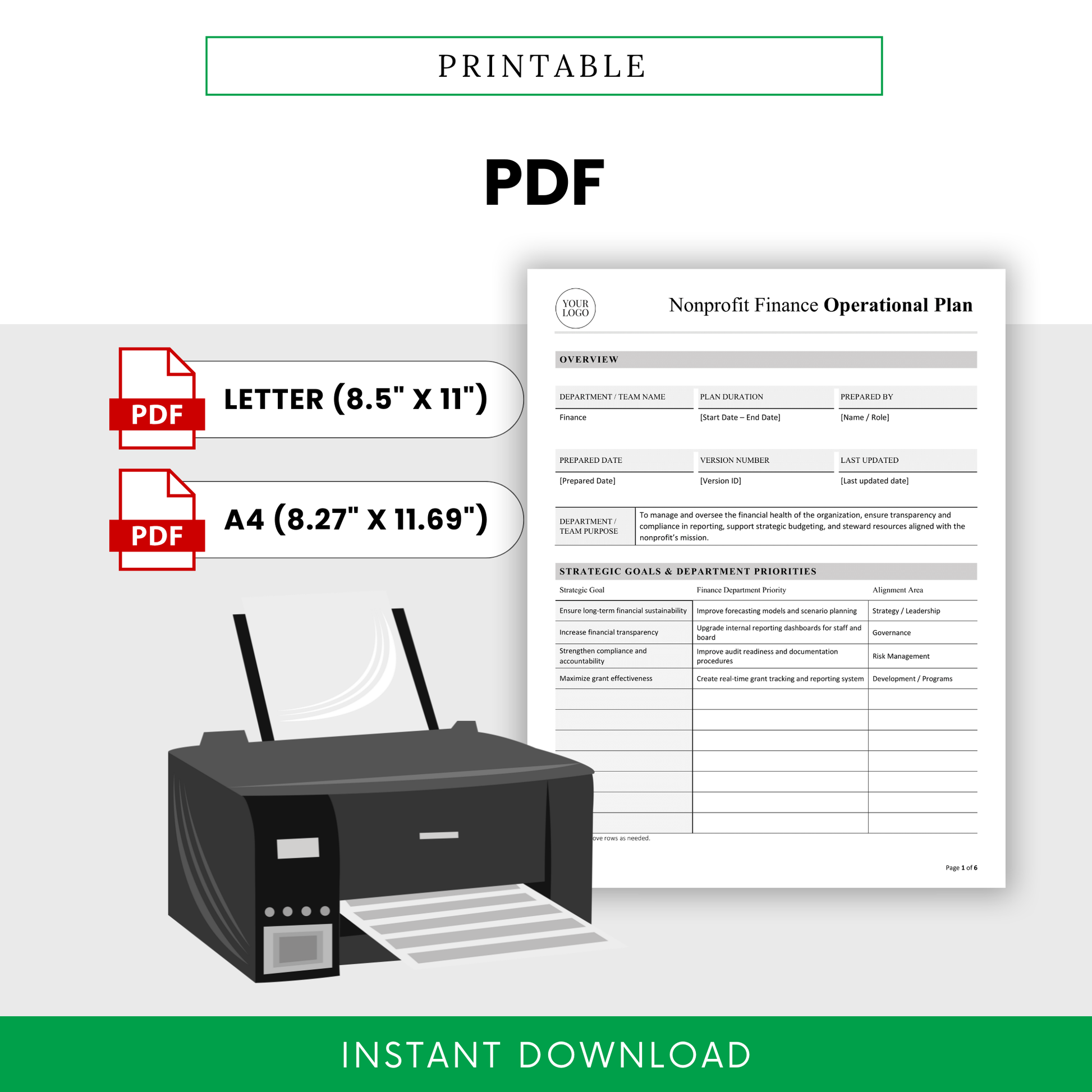 Printable nonprofit finance operational plan PDF template in US Letter and A4 sizes, ideal for budgeting, reporting, and compliance documentation