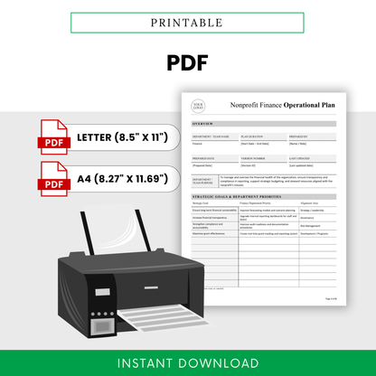 Printable nonprofit finance operational plan PDF template in US Letter and A4 sizes, ideal for budgeting, reporting, and compliance documentation