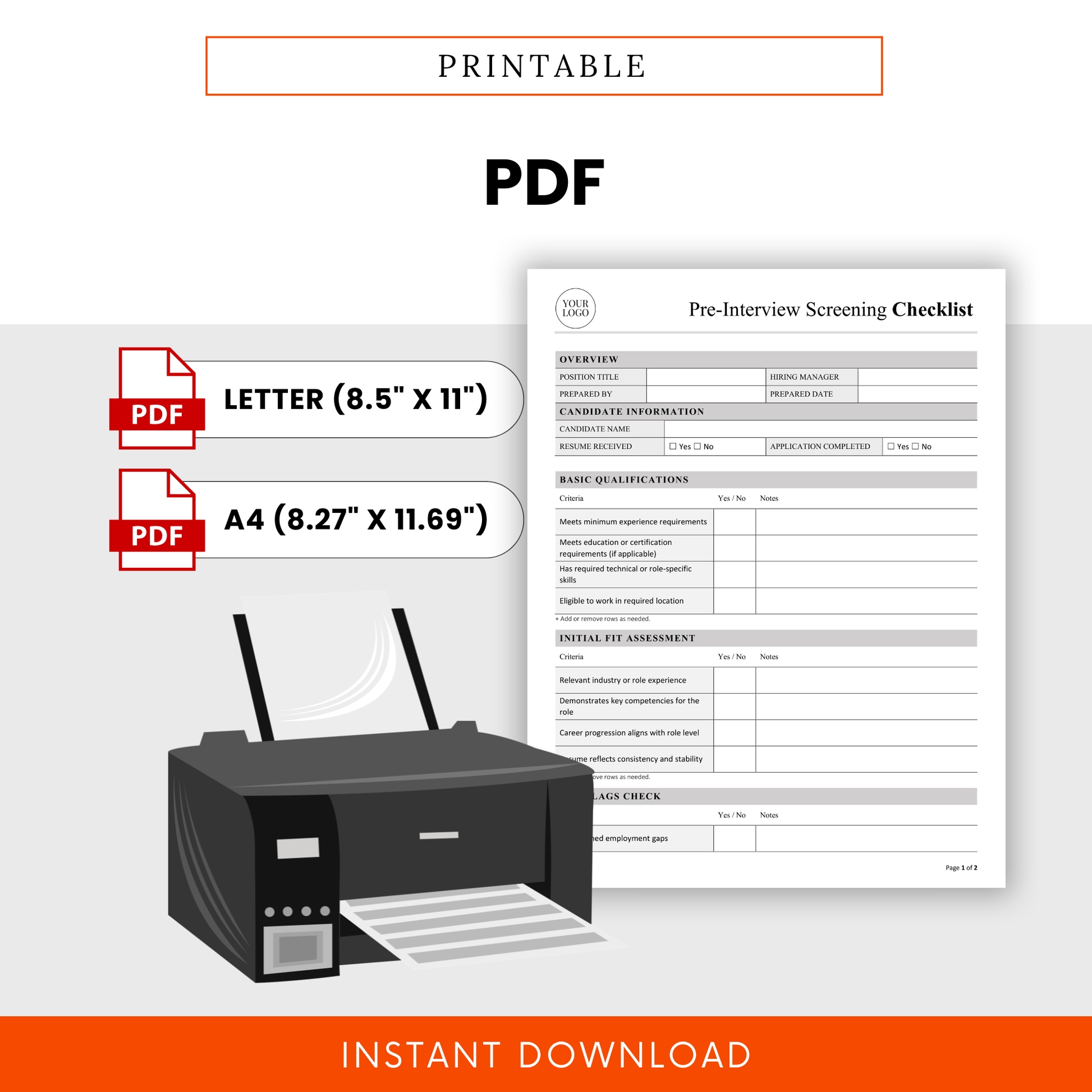 Printable candidate screening checklist template in PDF format, ready to use for HR interviews, hiring managers, and recruiters needing a clean and professional evaluation form
