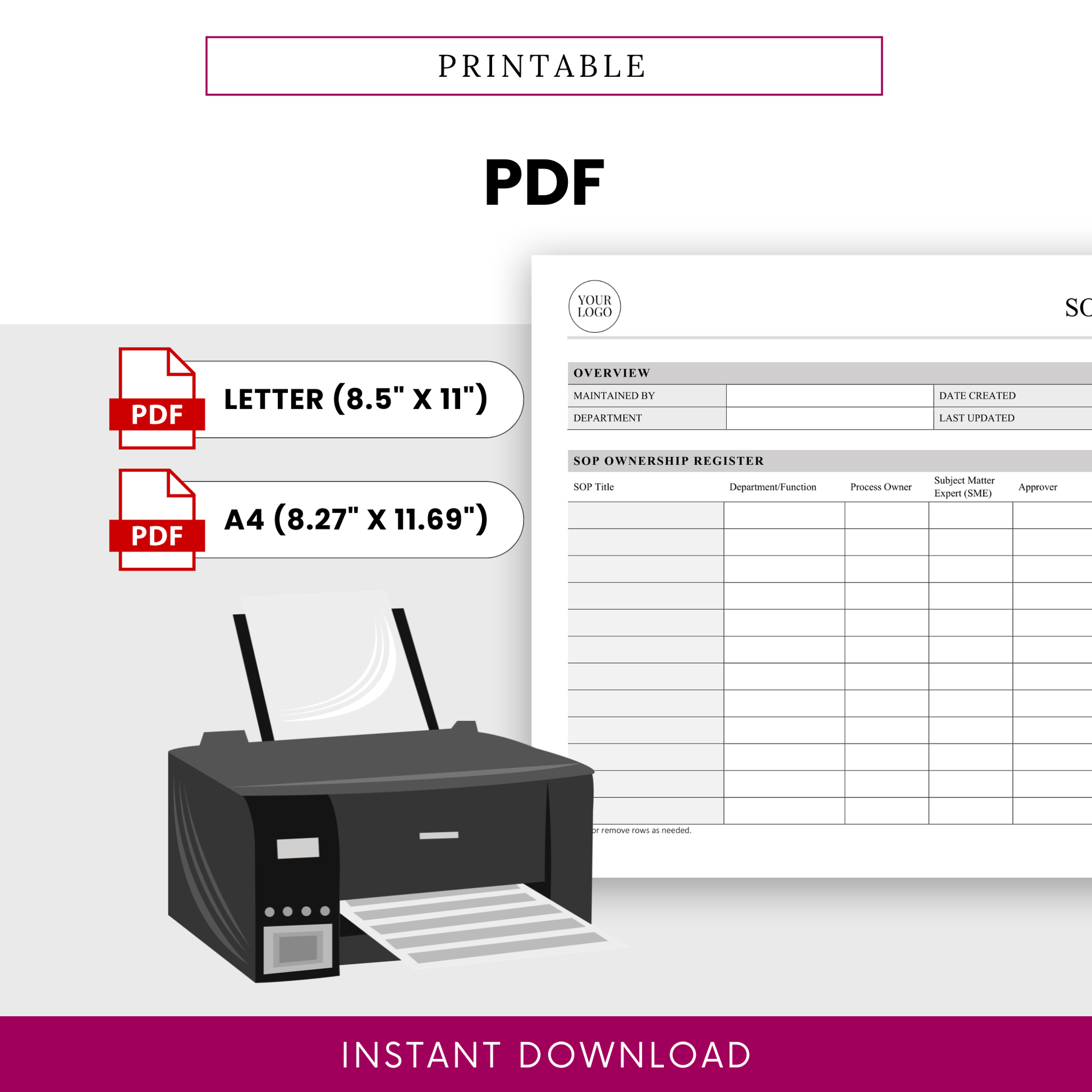Printable SOP ownership log template in PDF format with letter and A4 sizes, designed for easy printing and structured process tracking