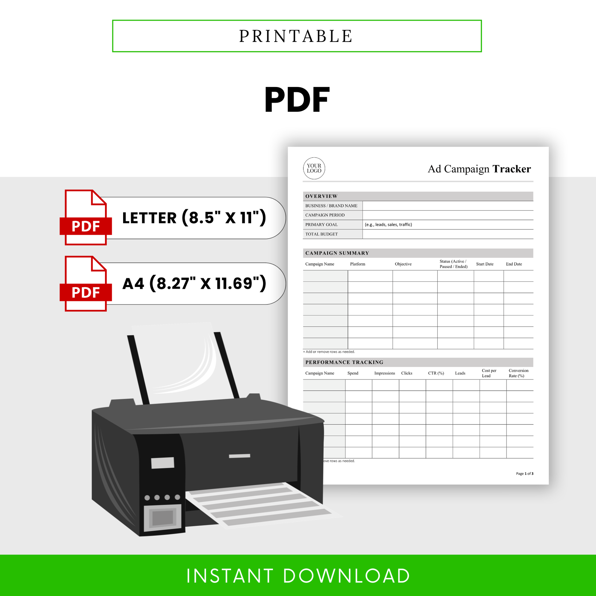 Ad Campaign Tracker Template PDF format designed for easy printing in Letter and A4 sizes. This printable marketing tracker template is ideal for organizing ad campaigns, tracking performance, and reviewing results offline.