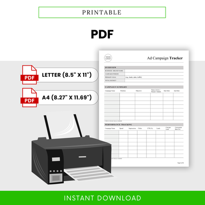Ad Campaign Tracker Template PDF format designed for easy printing in Letter and A4 sizes. This printable marketing tracker template is ideal for organizing ad campaigns, tracking performance, and reviewing results offline.