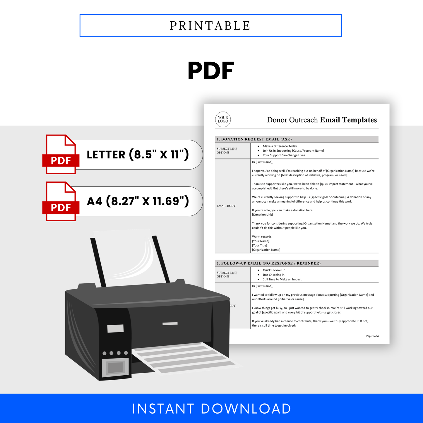 Donor Outreach Email Templates Template PDF displayed as a printable format with Letter and A4 sizes for easy use. This clean and professional fundraising template is perfect for nonprofits needing a ready-to-print donor communication solution.