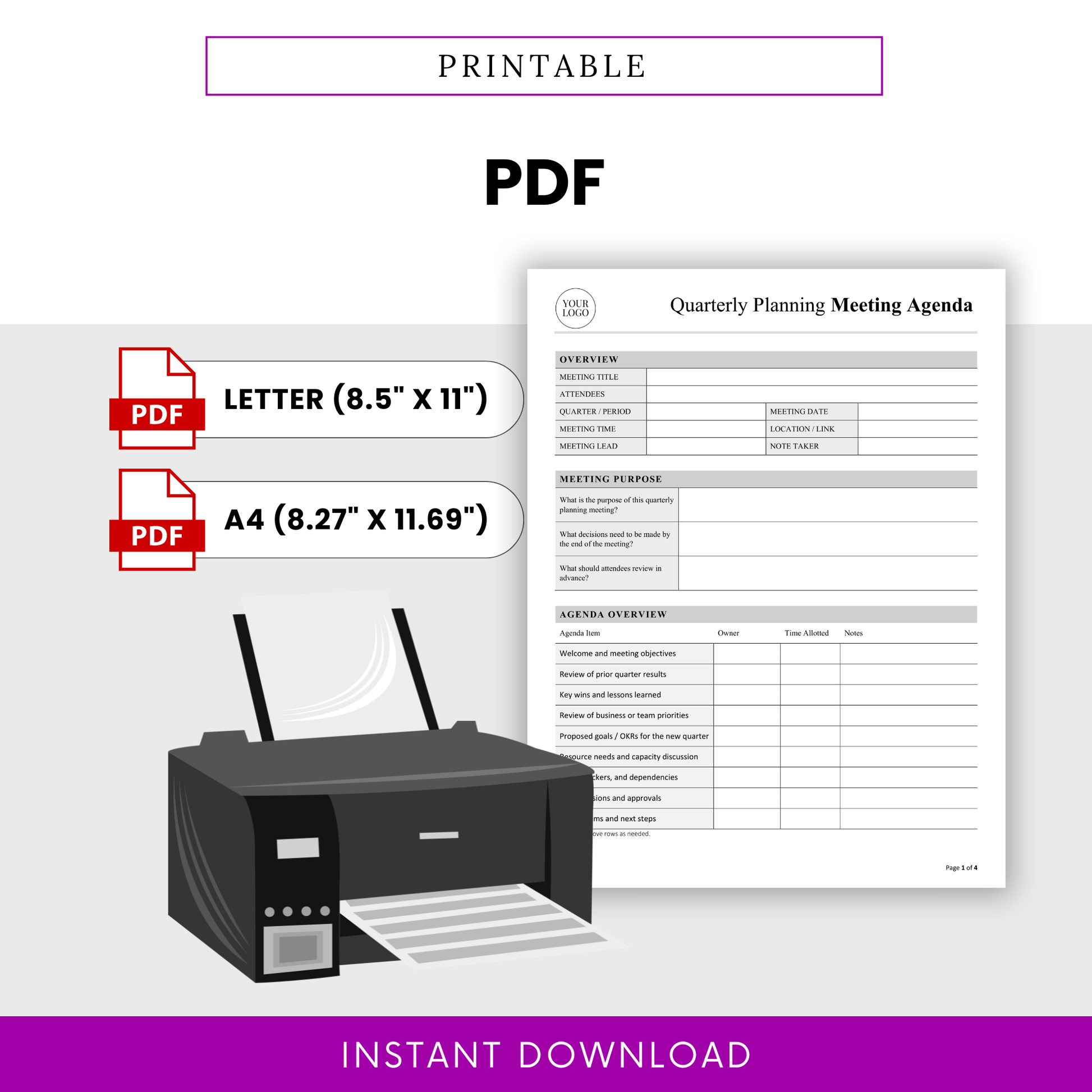 Printable quarterly planning meeting agenda template in PDF format, available in US Letter and A4 sizes, ideal for easy printing and structured meeting documentation