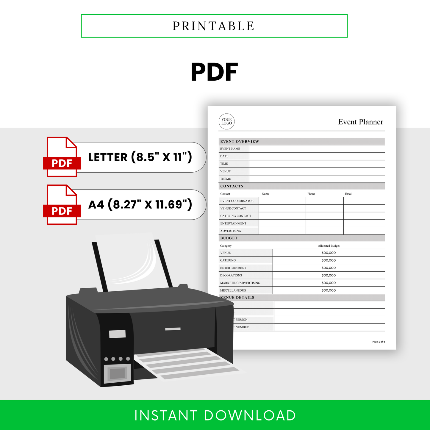 Printable event planner PDF template in US Letter and A4 sizes, clean layout for easy printing, ideal for organizing events, tracking budgets, and managing event details offline