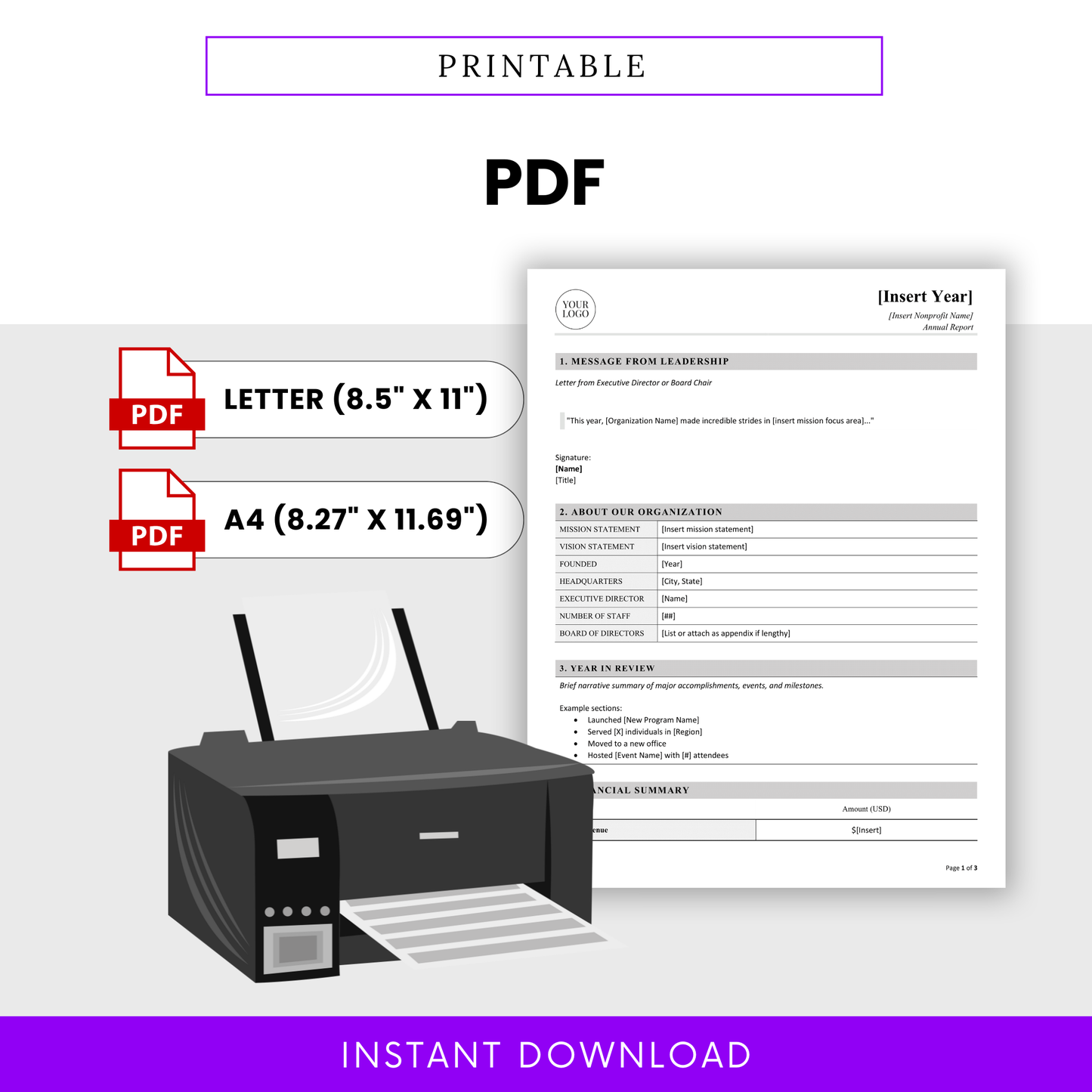 Printable nonprofit annual report template in PDF format with letter and A4 sizes, clean minimal design ready for printing and sharing with donors and stakeholders