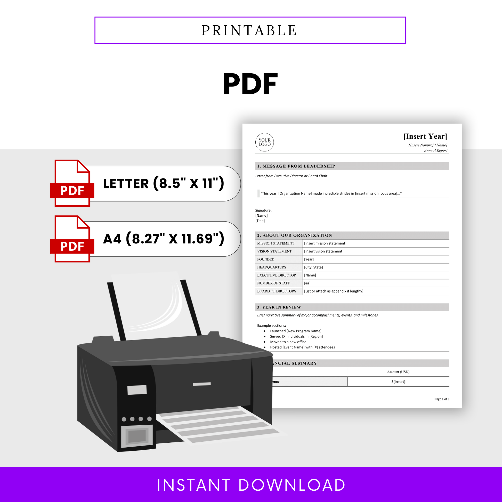 Printable nonprofit annual report template in PDF format with letter and A4 sizes, clean minimal design ready for printing and sharing with donors and stakeholders