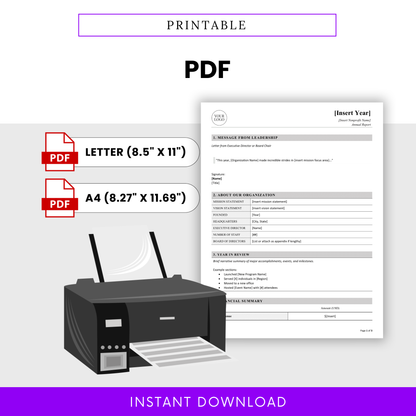 Printable nonprofit annual report template in PDF format with letter and A4 sizes, clean minimal design ready for printing and sharing with donors and stakeholders