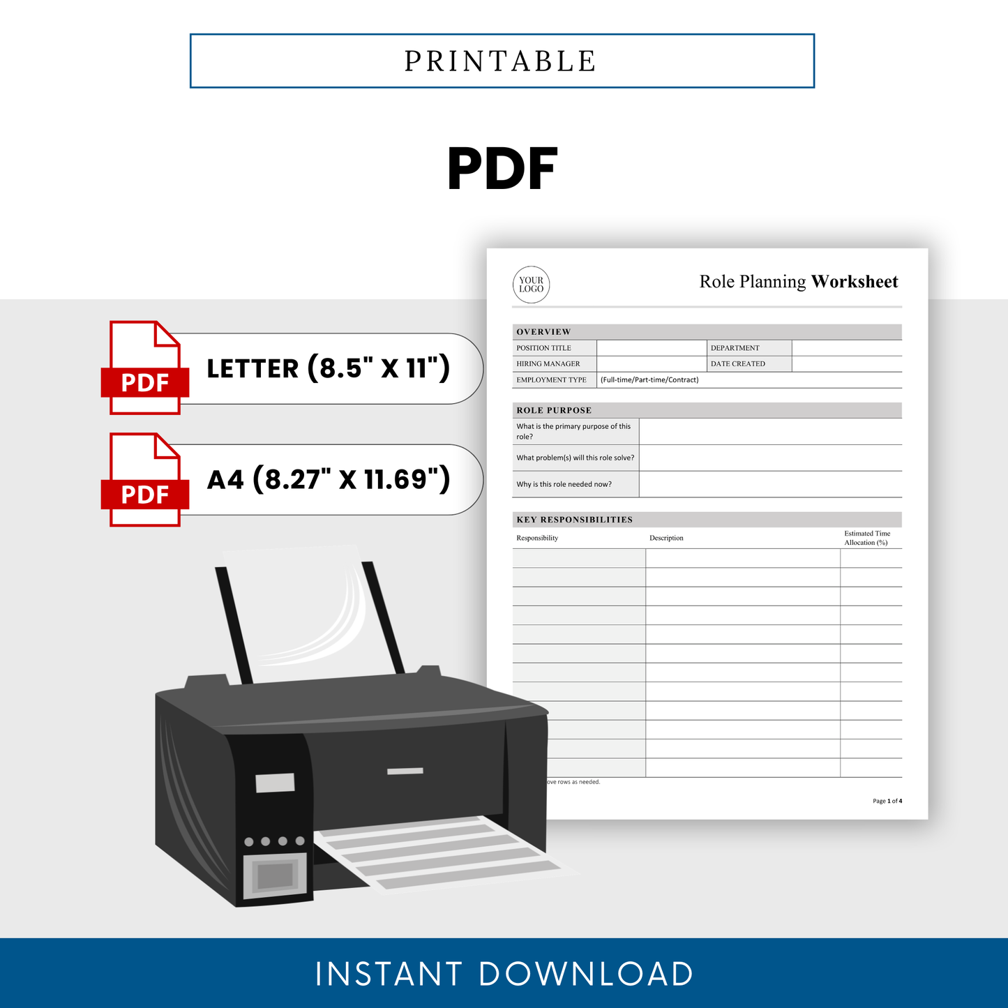 Printable role planning worksheet PDF template with letter and A4 sizes, easy-to-print HR planning document for recruitment and team structure planning