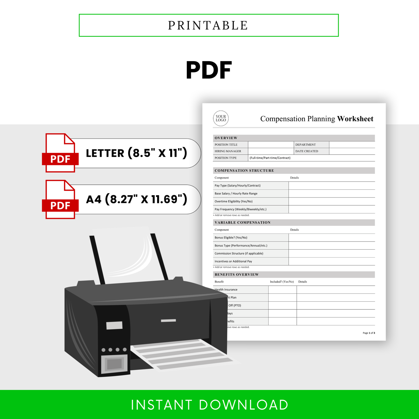 Printable PDF compensation planning worksheet with letter and A4 sizes, HR form template for salary planning, clean professional layout for easy printing