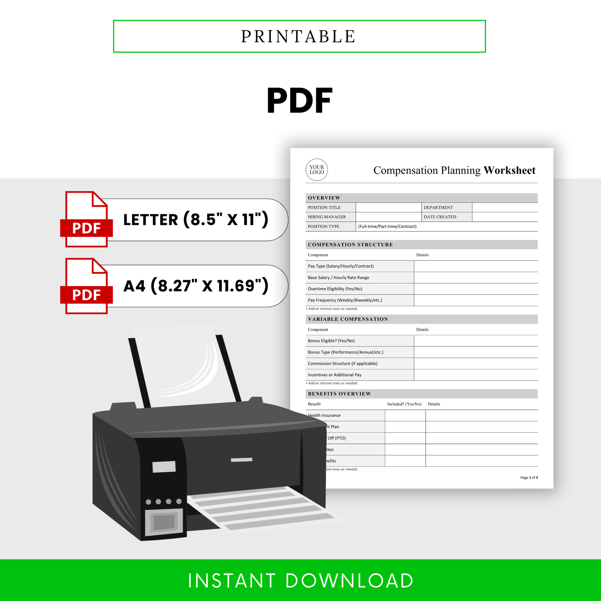Printable PDF compensation planning worksheet with letter and A4 sizes, HR form template for salary planning, clean professional layout for easy printing