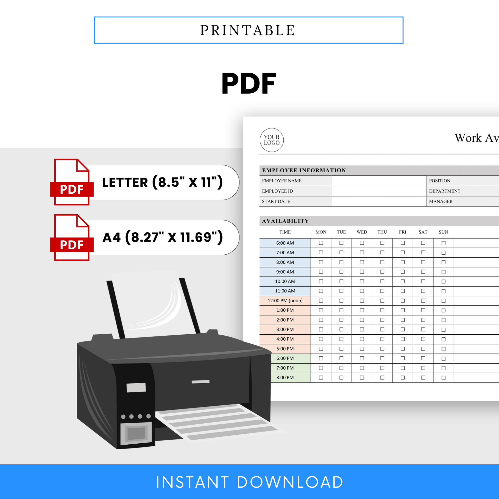 Printable work availability schedule PDF template in US Letter and A4 sizes designed for easy printing, employee availability tracking, and shift scheduling