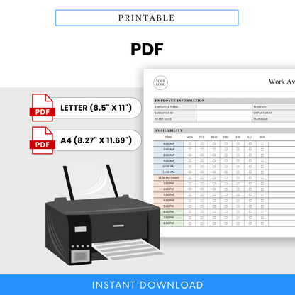 Printable work availability schedule PDF template in US Letter and A4 sizes designed for easy printing, employee availability tracking, and shift scheduling