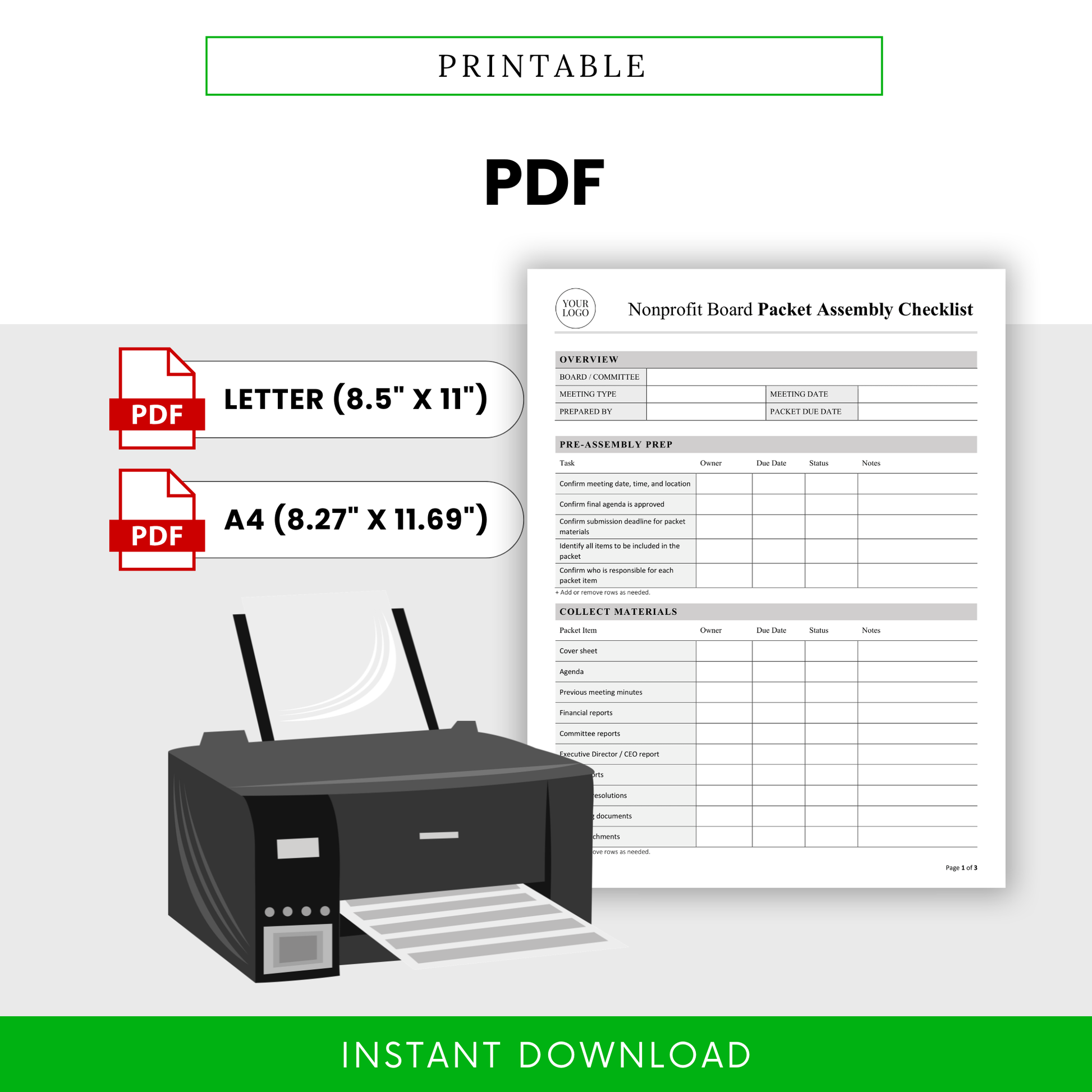 Printable PDF format feature image for the Nonprofit Board Packet Assembly Checklist template, highlighting Letter and A4 PDF versions with a document preview and printer illustration.