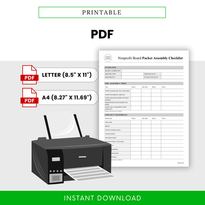 Printable PDF format feature image for the Nonprofit Board Packet Assembly Checklist template, highlighting Letter and A4 PDF versions with a document preview and printer illustration.