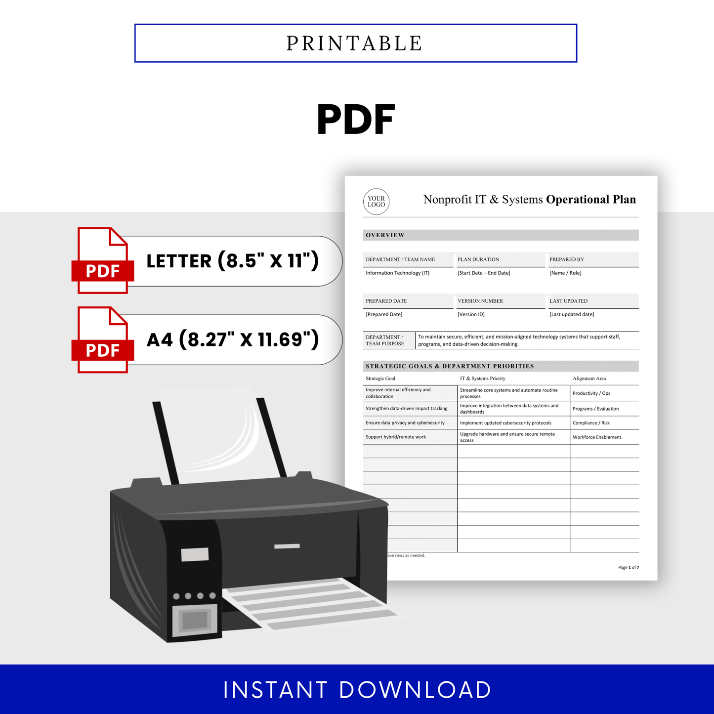 Printable nonprofit IT operational plan PDF template available in US Letter and A4 sizes, clean professional layout ideal for printing, reporting, and nonprofit documentation