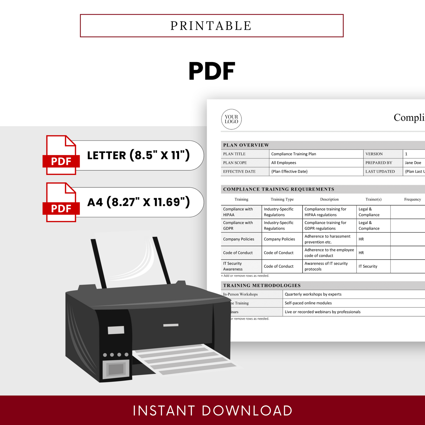 Printable PDF compliance training plan template in Letter and A4 sizes, ready-to-print compliance document, corporate training plan layout, HR policy and compliance template