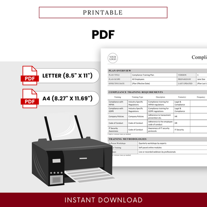 Printable PDF compliance training plan template in Letter and A4 sizes, ready-to-print compliance document, corporate training plan layout, HR policy and compliance template
