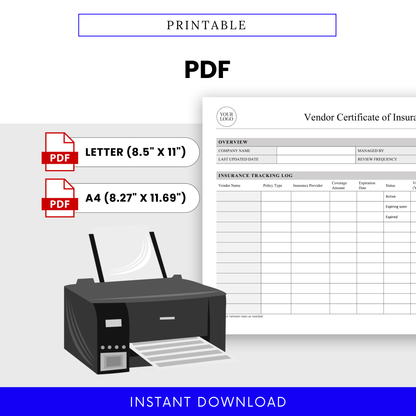 Vendor Certificate of Insurance Template PDF version designed for easy printing in US Letter and A4 sizes. This printable insurance tracking template is perfect for physical record keeping, audits, and compliance documentation for businesses and property managers.