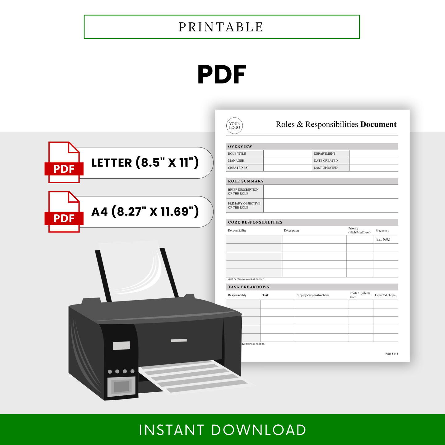 Printable roles and responsibilities template in PDF format with letter and A4 sizes, perfect for physical documentation and team use
