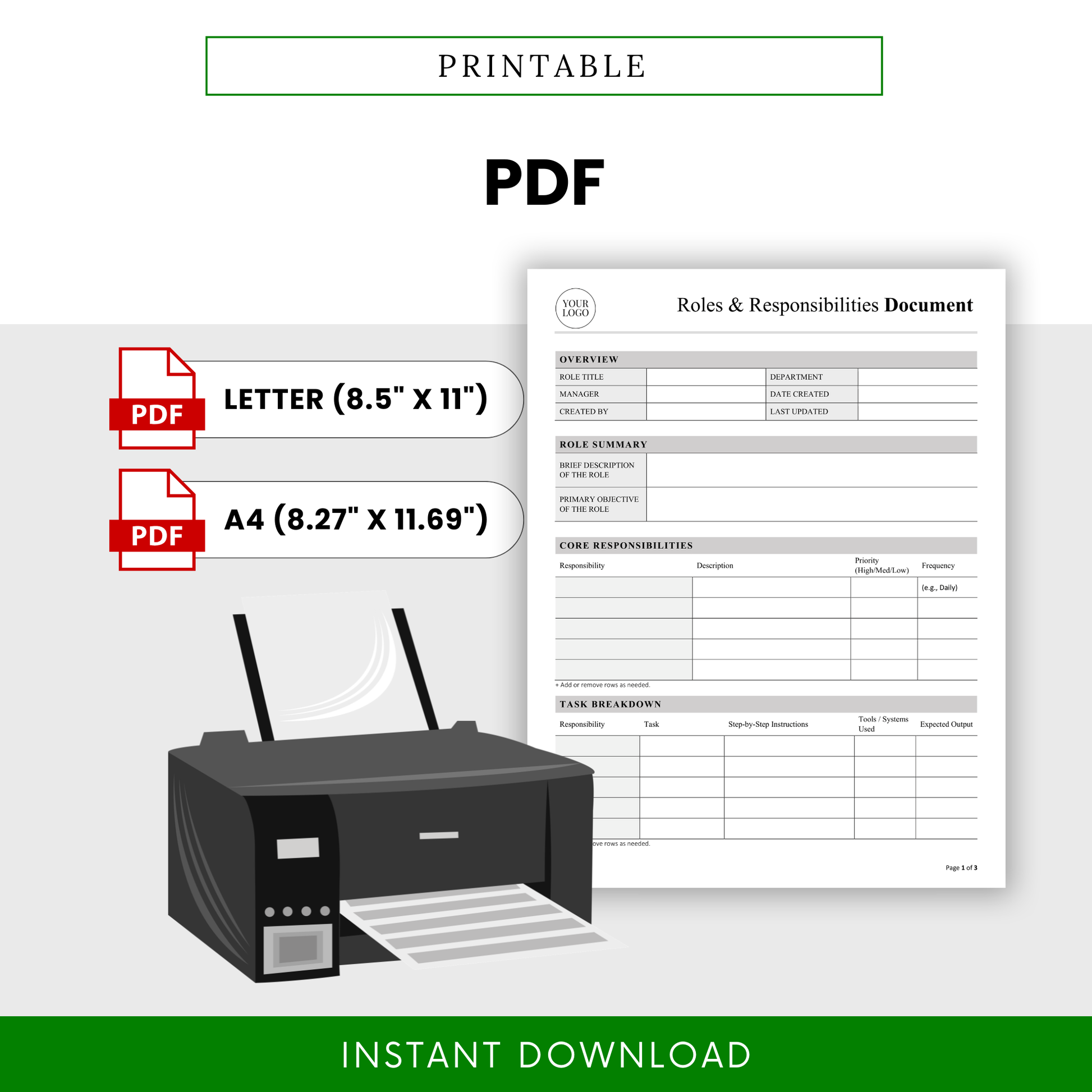 Printable roles and responsibilities template in PDF format with letter and A4 sizes, perfect for physical documentation and team use
