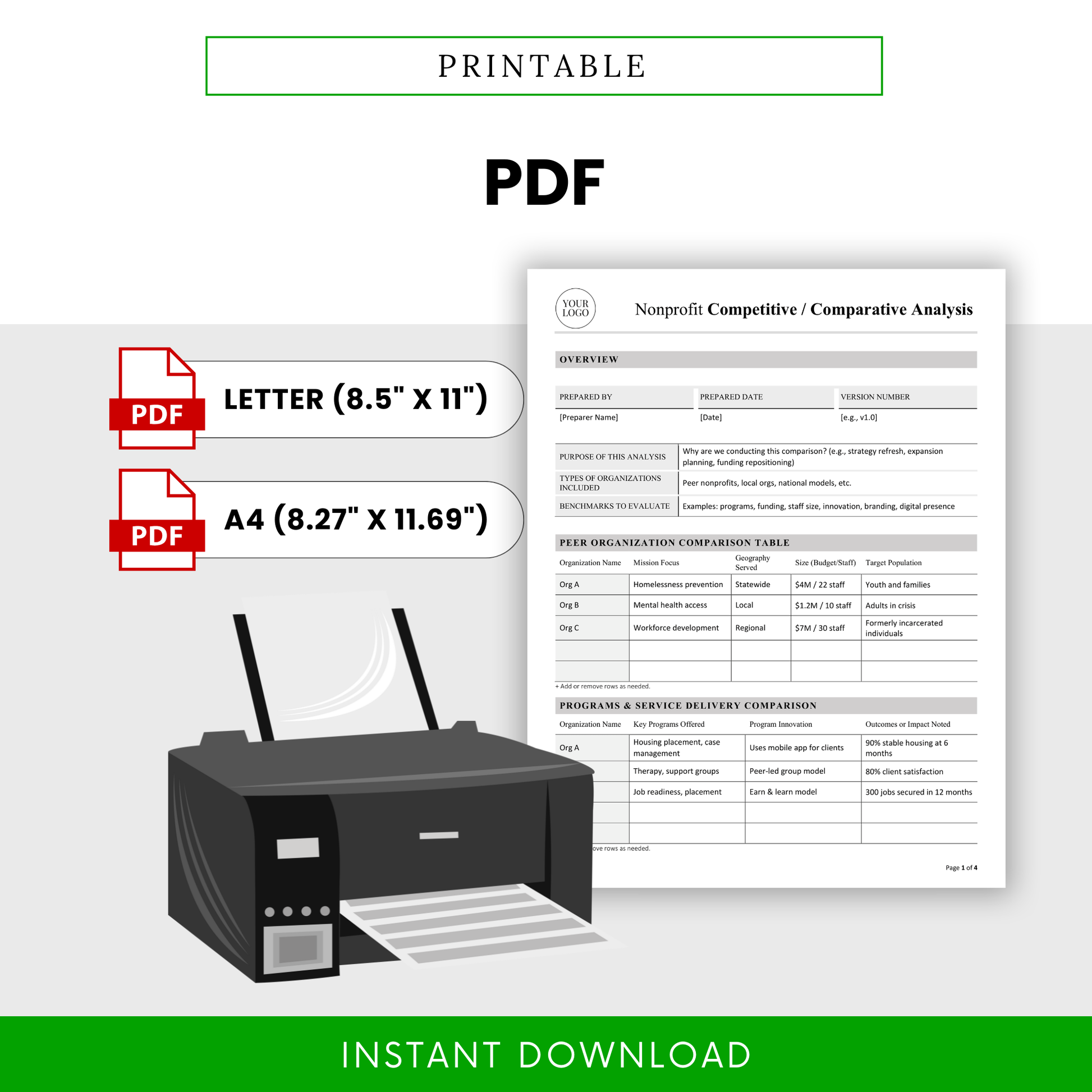 Printable nonprofit competitive analysis template PDF with letter and A4 sizes, clean professional layout for reports, strategy sessions, and presentations