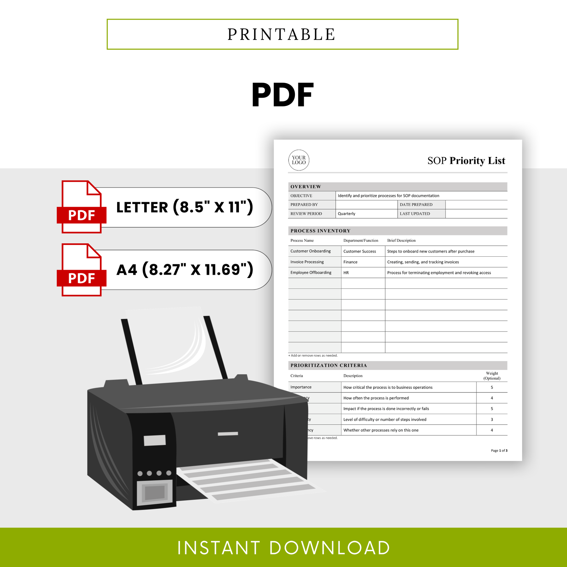 Printable SOP priority list template in PDF format, business process checklist, operations planning document for office or home printing