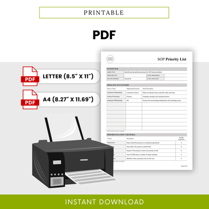 Printable SOP priority list template in PDF format, business process checklist, operations planning document for office or home printing