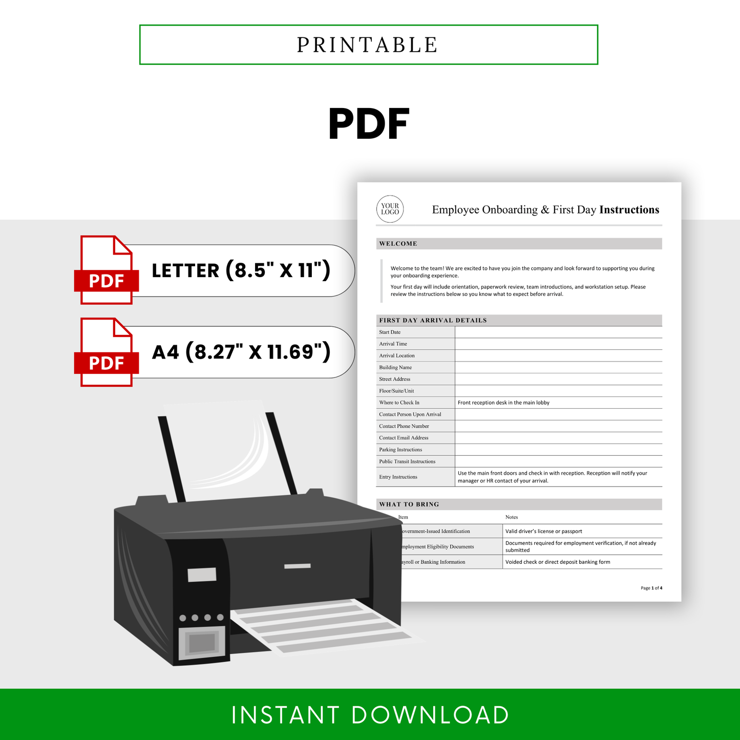 Printable employee onboarding template in PDF format with Letter and A4 sizes, designed for easy printing and professional HR onboarding use