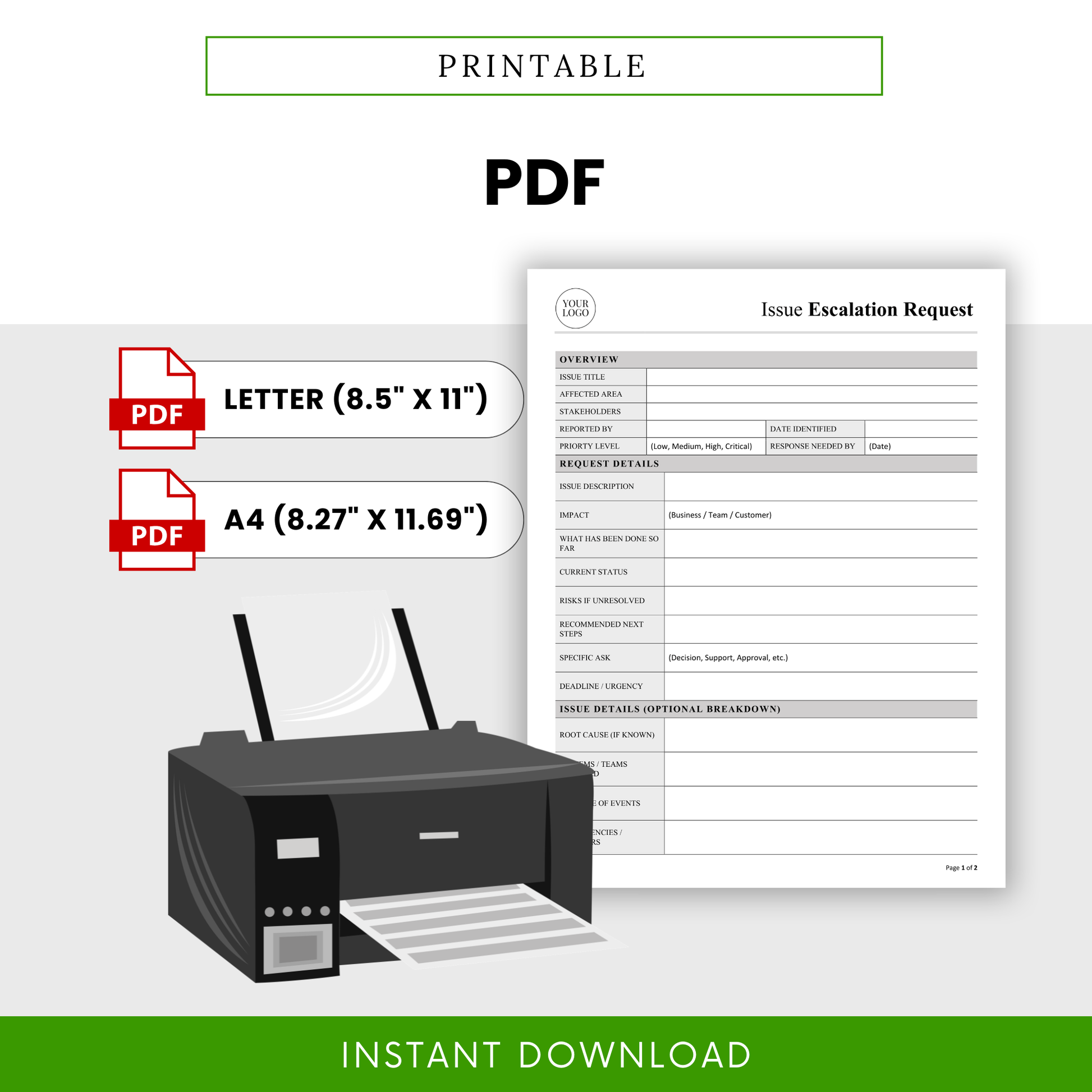Printable issue escalation form in PDF format with US letter and A4 sizes for business reporting and documentation