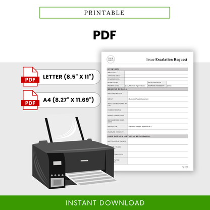 Printable issue escalation form in PDF format with US letter and A4 sizes for business reporting and documentation