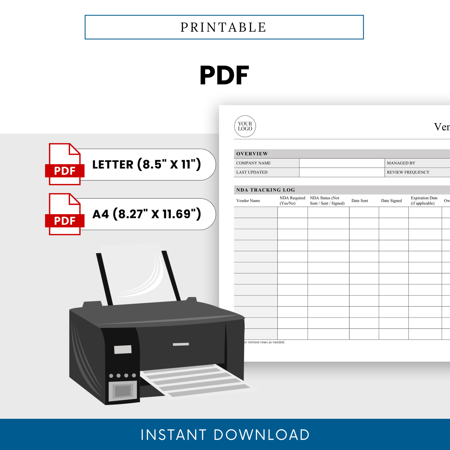 Vendor NDA Tracker Template PDF in printable format with Letter and A4 sizes, ideal for physical documentation and record-keeping. This simple Vendor NDA Template supports businesses that prefer printable tools while maintaining a clean and professional layout.