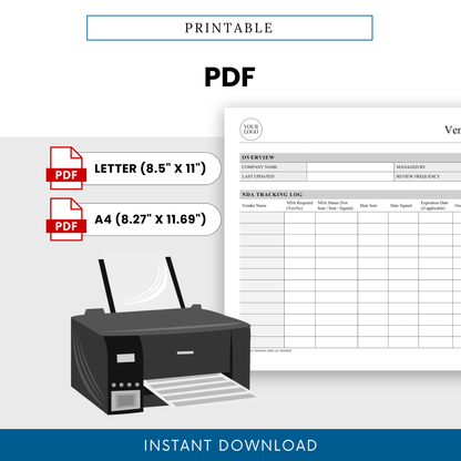 Vendor NDA Tracker Template PDF in printable format with Letter and A4 sizes, ideal for physical documentation and record-keeping. This simple Vendor NDA Template supports businesses that prefer printable tools while maintaining a clean and professional layout.