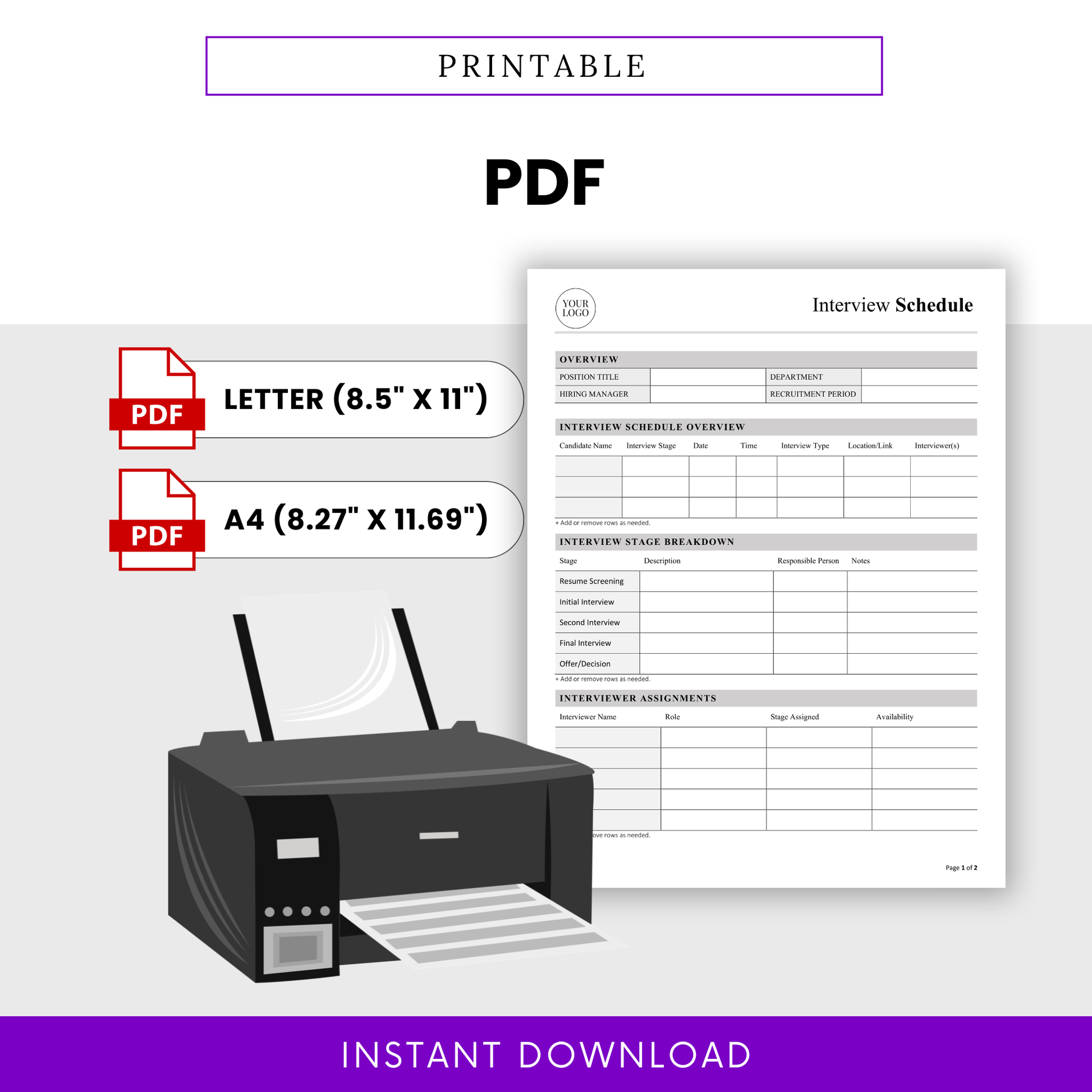 Printable interview schedule template PDF for recruiters and HR professionals, ideal for managing hiring processes and candidate interviews