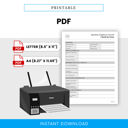 Printable PDF employee evaluation template designed for HR professionals and managers, formatted for US Letter and A4 paper sizes, ideal for performance reviews, team check-ins, and documentation.