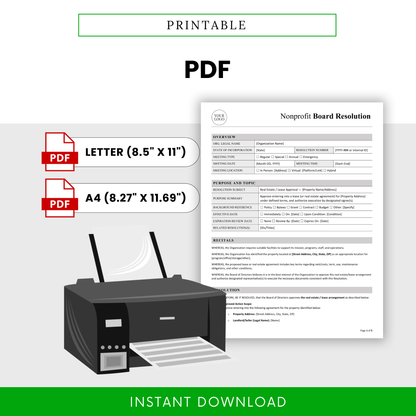 Printable nonprofit board resolution template PDF in US Letter and A4 sizes, ready to print for board meetings, lease approvals, and legal documentation