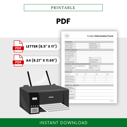 Vendor Information Form Template PDF designed for easy printing in US Letter and A4 sizes, displayed with a clean and minimal layout. This printable vendor registration form is ideal for offices, teams, and small businesses managing supplier documentation.