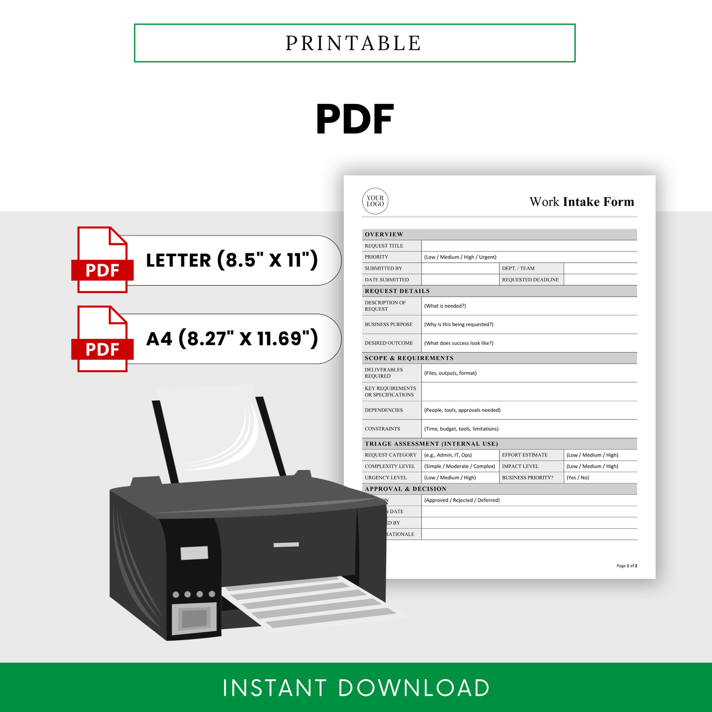 Printable work intake form PDF template in letter and A4 sizes with clean professional layout for easy printing and business workflow organization