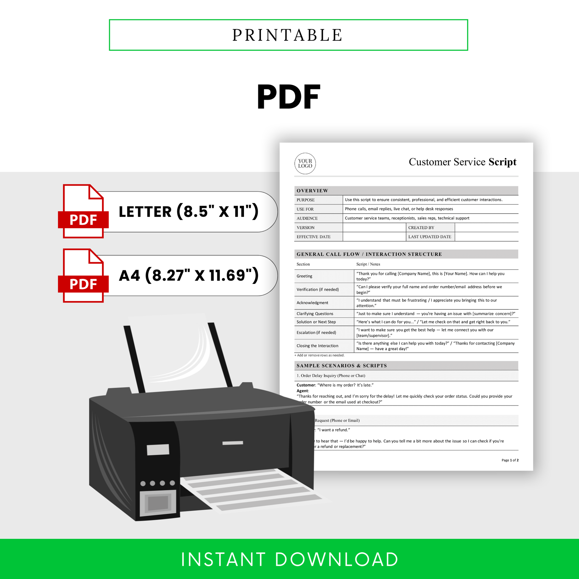 Printable customer service script template in PDF format with letter and A4 sizes, designed for easy printing and professional customer support training materials