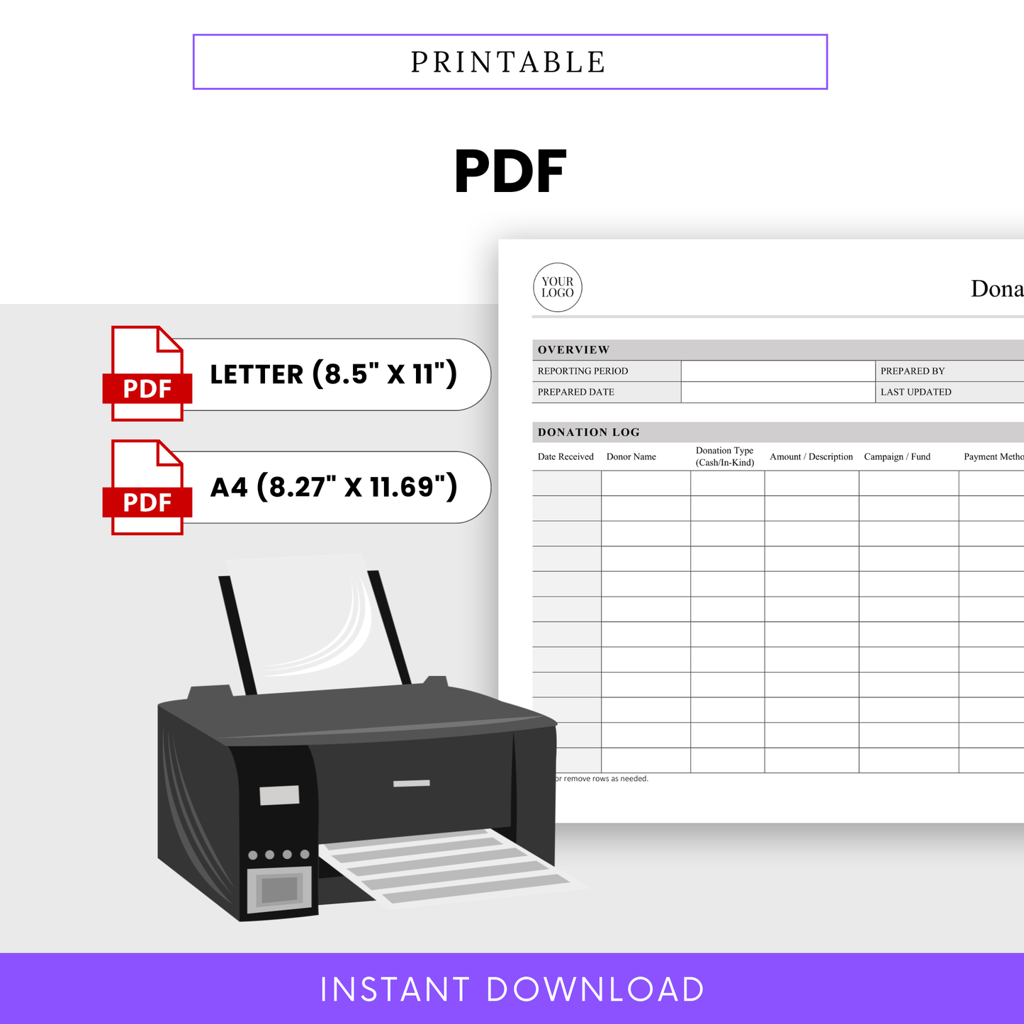 Donation Tracking Log Template PDF designed for easy printing in Letter and A4 sizes with a clean, structured layout. This printable donation tracker is perfect for charities, events, and organizations needing a reliable offline tracking system.