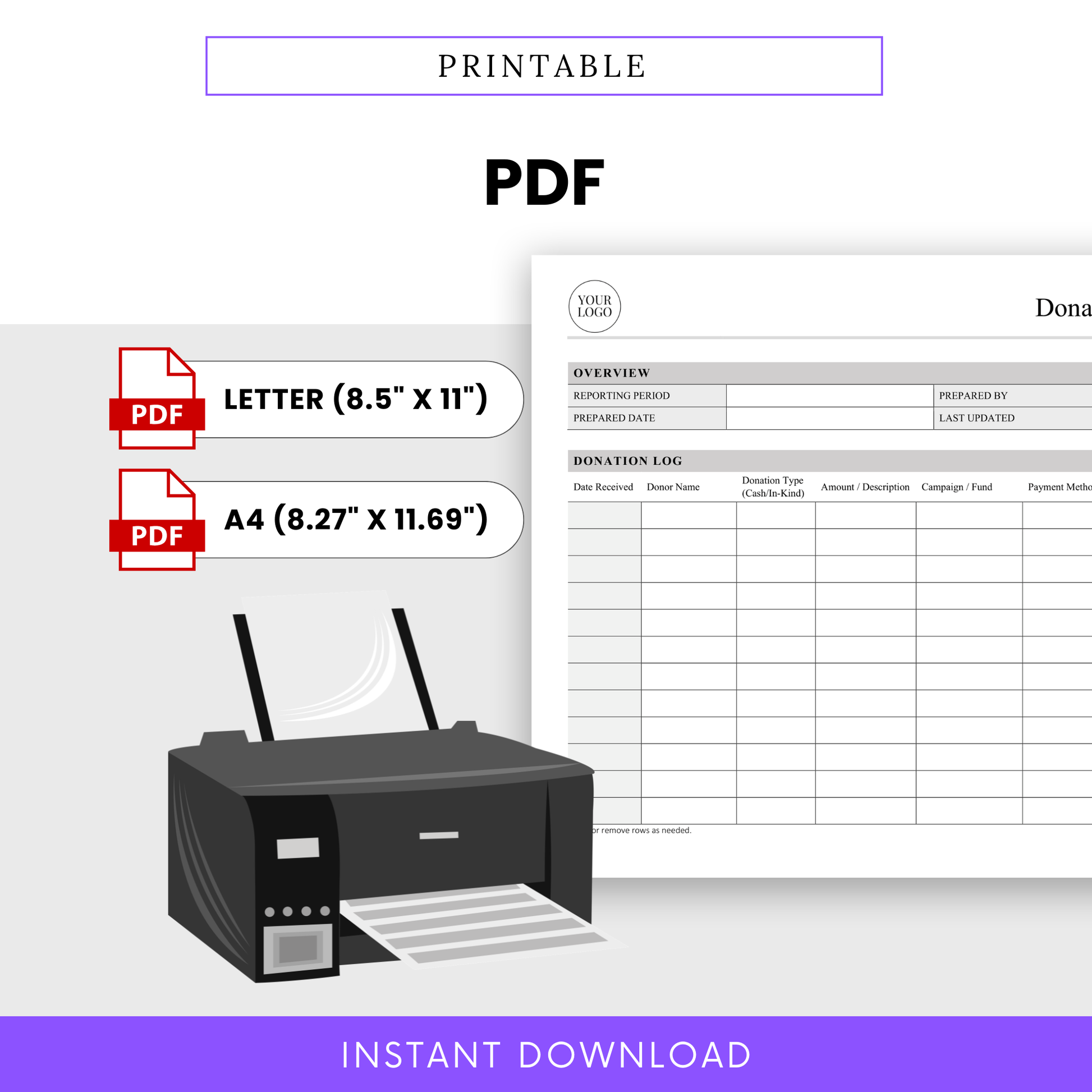 Donation Tracking Log Template PDF designed for easy printing in Letter and A4 sizes with a clean, structured layout. This printable donation tracker is perfect for charities, events, and organizations needing a reliable offline tracking system.