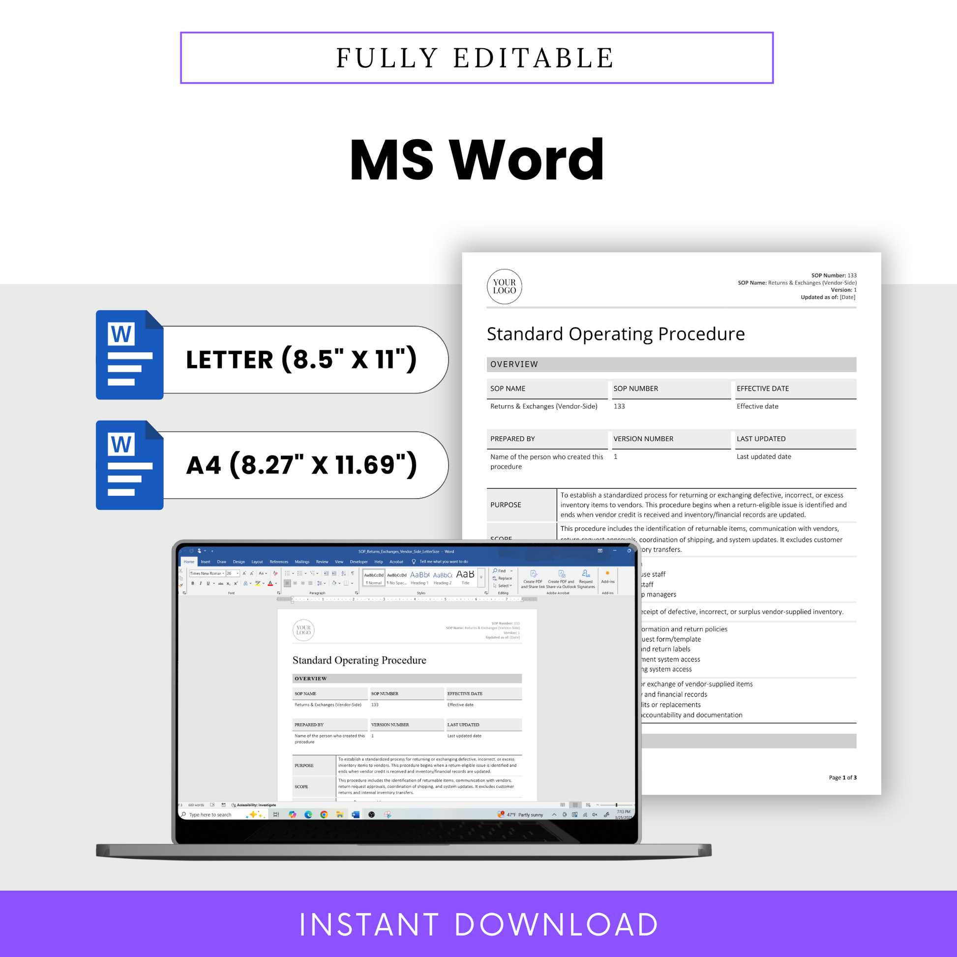 Returns & Exchanges (Vendor-Side) Template available in fully editable Microsoft Word format. Includes both US Letter (8.5 x 11 in) and A4 (8.27 x 11.69 in) sizes. Instant download for small business operations and inventory teams.