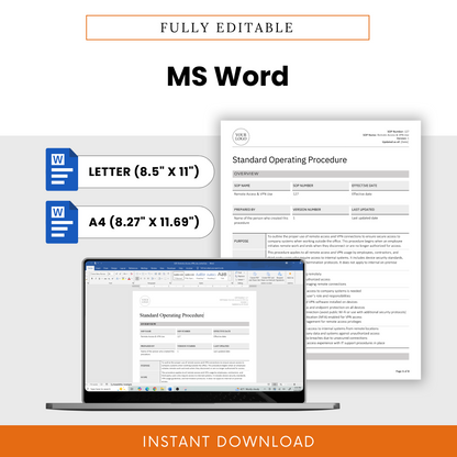 Simple SOP template in fully editable MS Word doc format for Employee Remote Access & VPN Use. Available in Letter (8.5” x 11”) and A4 (8.27” x 11.69”) sizes. Features a document preview displayed on a laptop screen, emphasizing easy customization. Includes Microsoft Word icons and an 'Instant Download' banner. Ideal for IT asset inventory, asset lifecycle management, IT asset management, and hardware retirement, access requests, new hire onboarding, and employee offboarding.