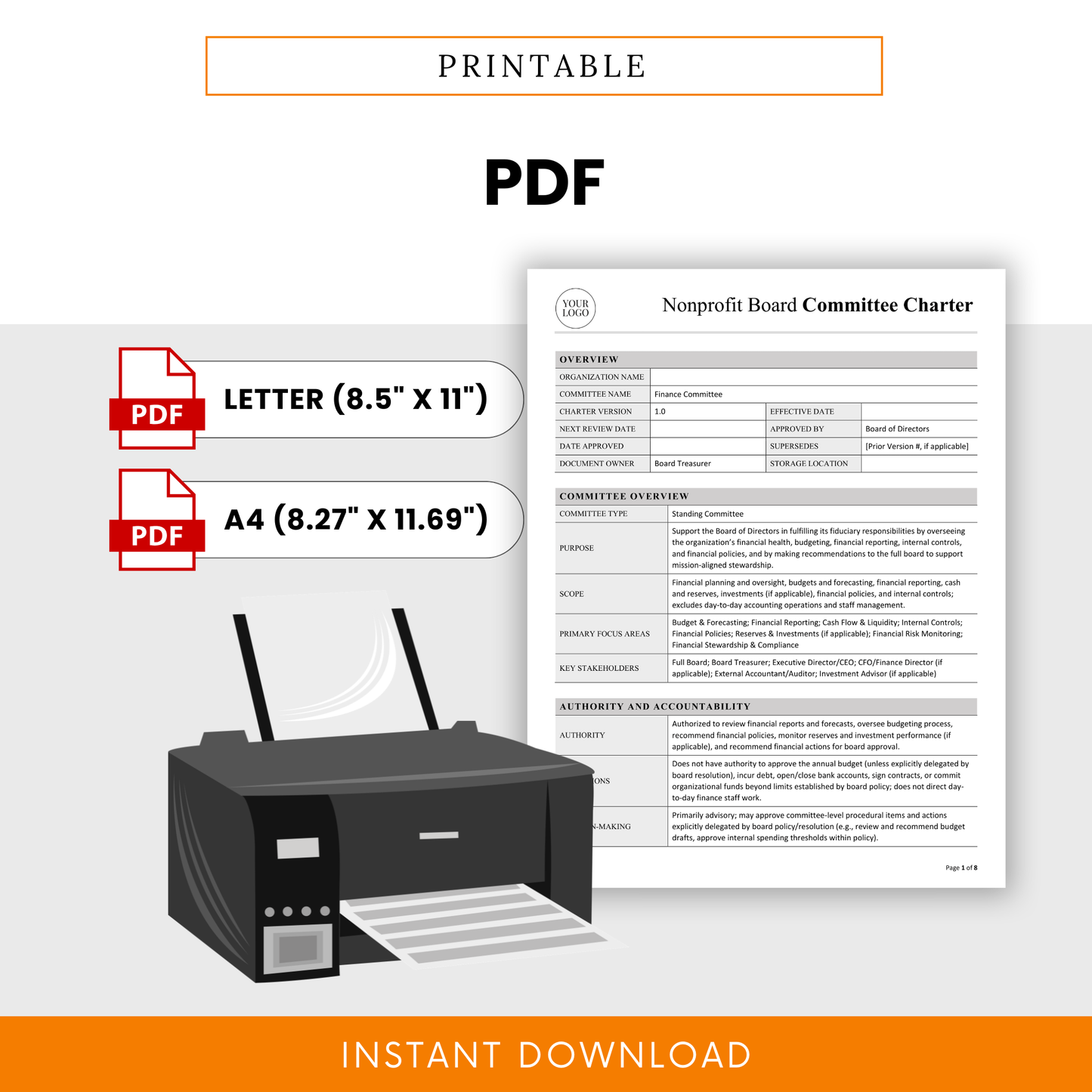Printable nonprofit finance committee charter template in PDF format with letter and A4 sizes ideal for board meetings documentation and financial governance records