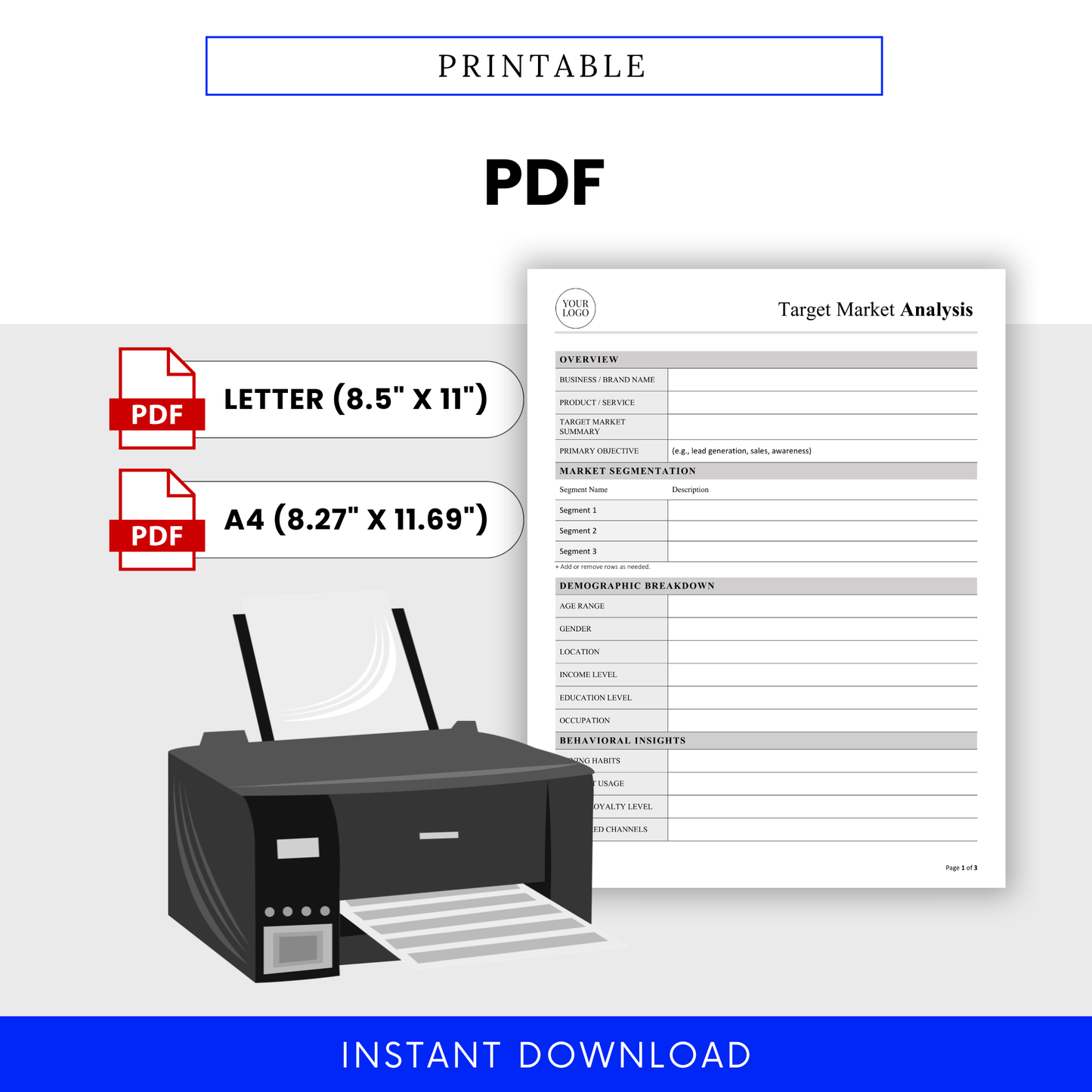 Target Market Analysis Template PDF shown in printable Letter and A4 sizes, ideal for physical planning and presentations. This printable business template is perfect for teams, workshops, and strategy sessions needing a clean and structured format.